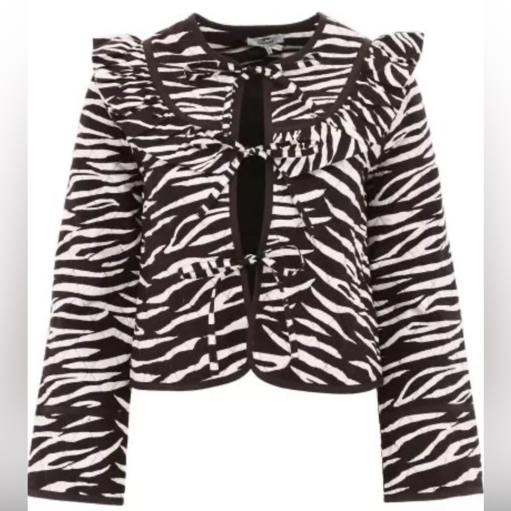 Ganni Faulkner Black & White Zebra-Print Quilted Tie-Front Jacket. EUC